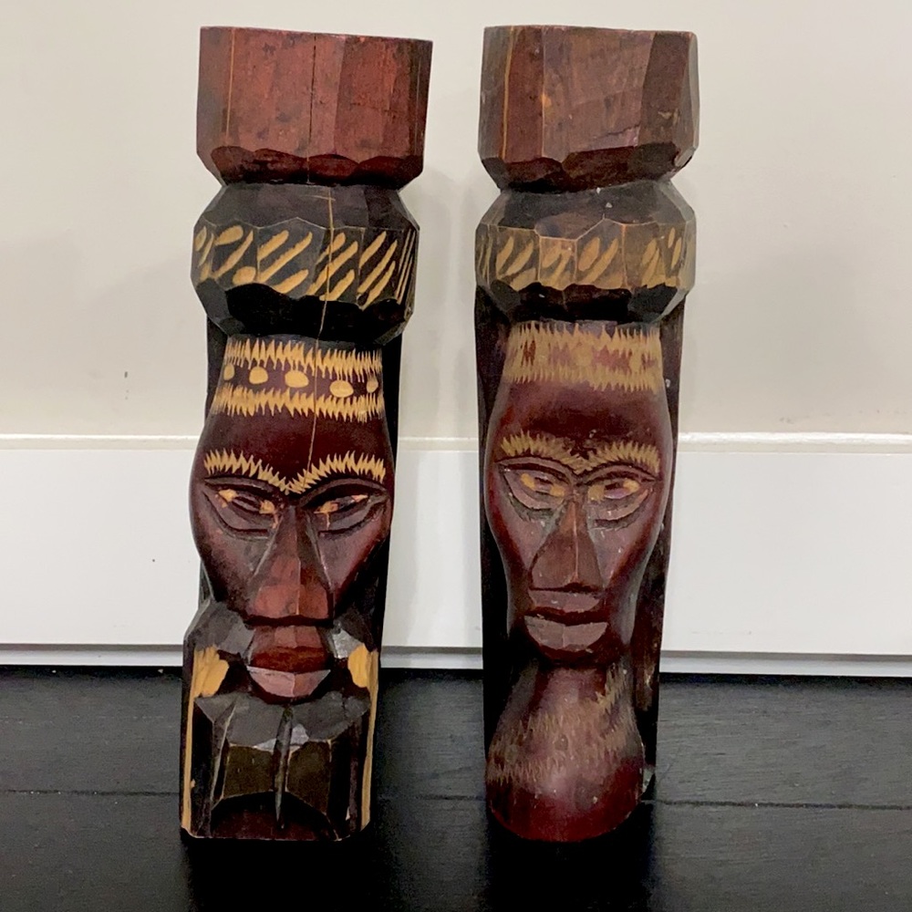 Vintage 1992 Jamaican Hand Carved Wood Totem Figures Pair Male Female 8”